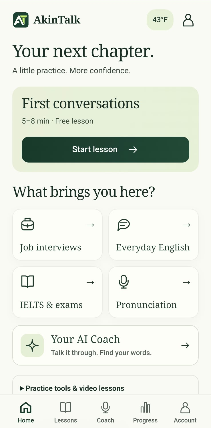 Home screen: Your next chapter, a free First conversations lesson, and four tracks