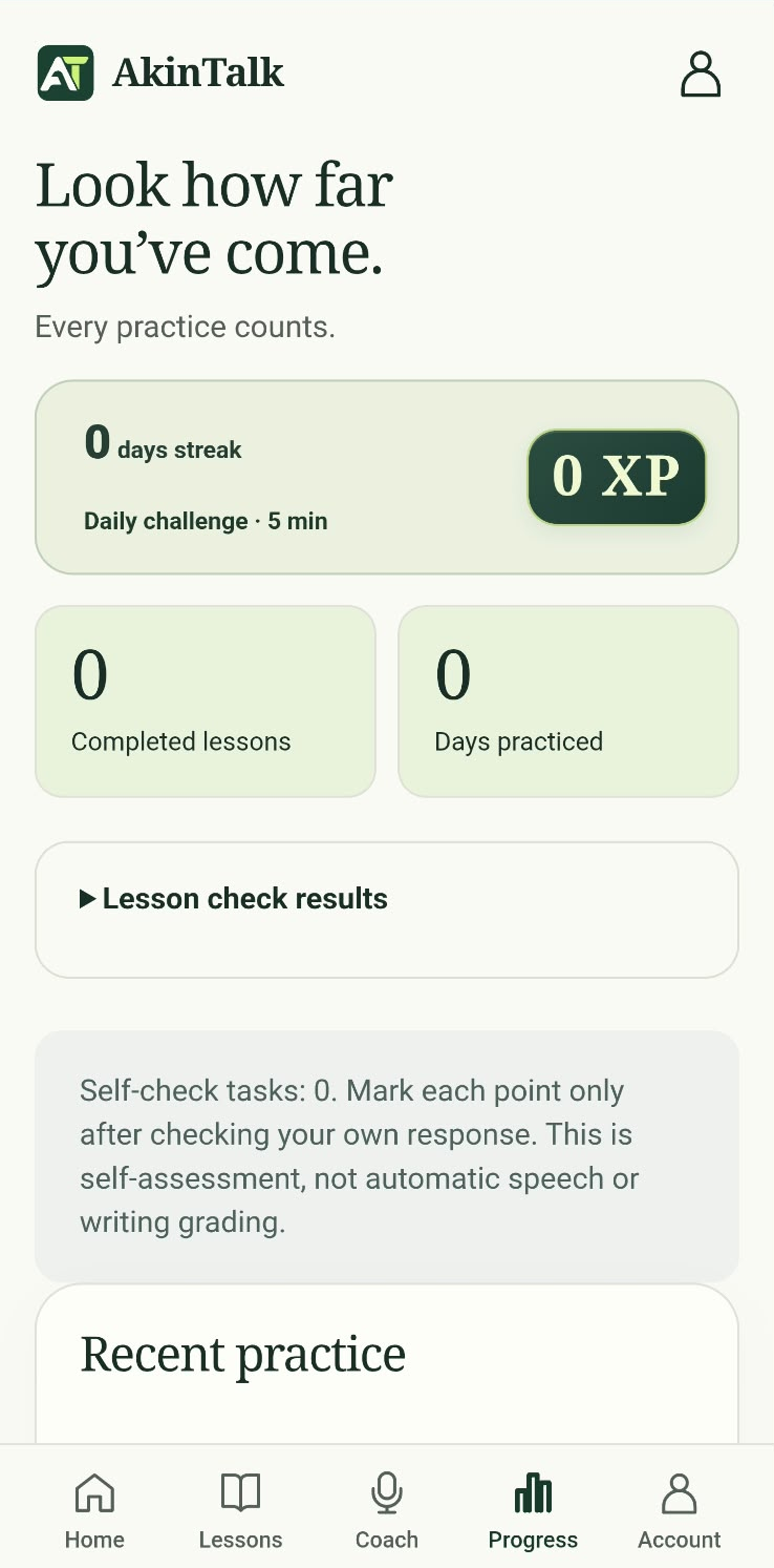 Progress screen with streak, daily challenge and lesson check results